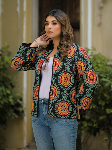 Black Ethnic Embroidered Open Front Jacket