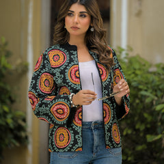 Black Ethnic Embroidered Open Front Jacket
