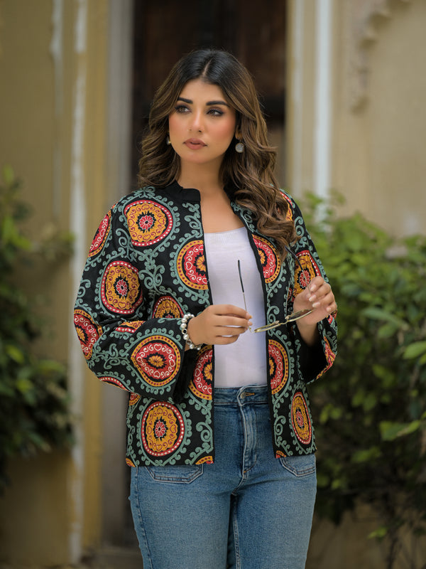 Black Ethnic Embroidered Open Front Jacket