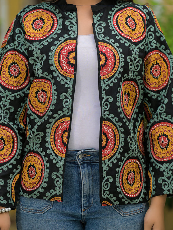 Black Ethnic Embroidered Open Front Jacket
