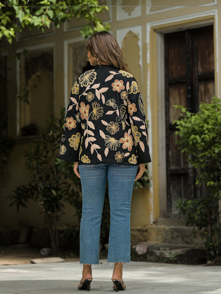 Elegant Black Thread Embroidered Open Jacket