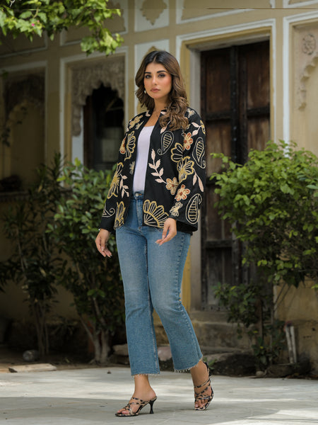 Elegant Black Thread Embroidered Open Jacket