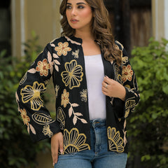 Elegant Black Thread Embroidered Open Jacket