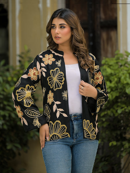 Elegant Black Thread Embroidered Open Jacket