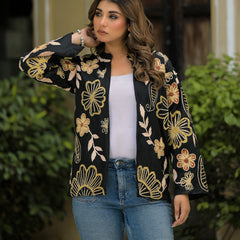 Elegant Black Thread Embroidered Open Jacket
