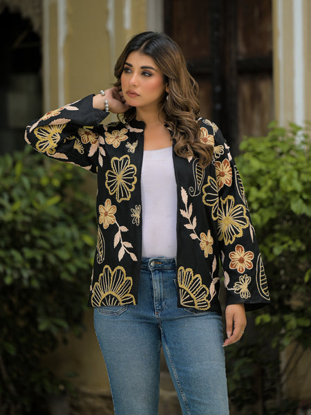 Elegant Black Thread Embroidered Open Jacket