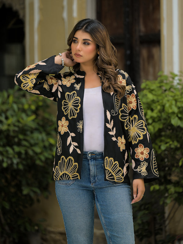 Elegant Black Thread Embroidered Open Jacket