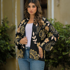 Elegant Black Thread Embroidered Open Jacket