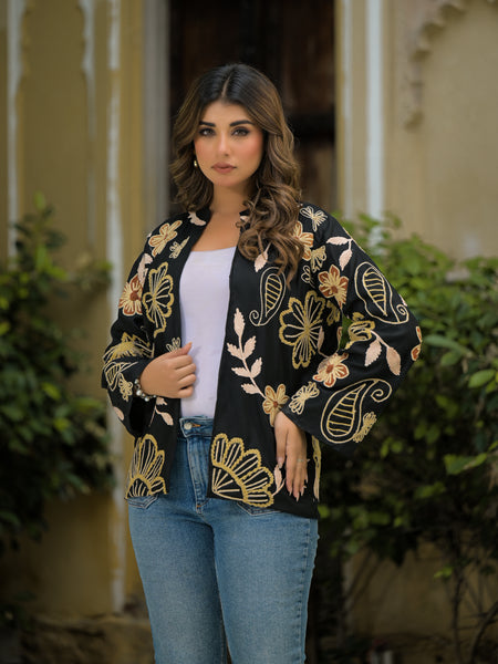 Elegant Black Thread Embroidered Open Jacket