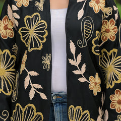 Elegant Black Thread Embroidered Open Jacket