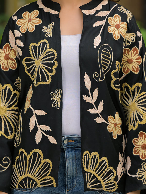 Elegant Black Thread Embroidered Open Jacket