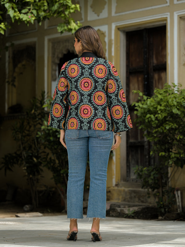 Black Ethnic Embroidered Open Front Jacket