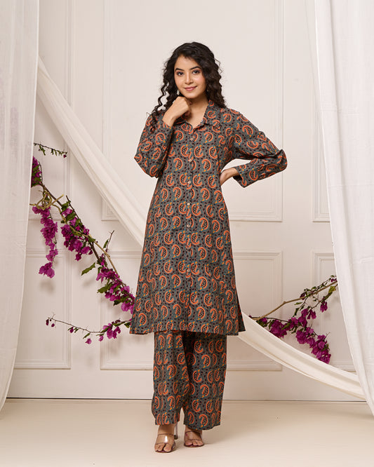 Grey Cotton Printed Co-ord Set