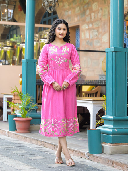 Blush Bloom Pink Floral Embroidered Midi Dress