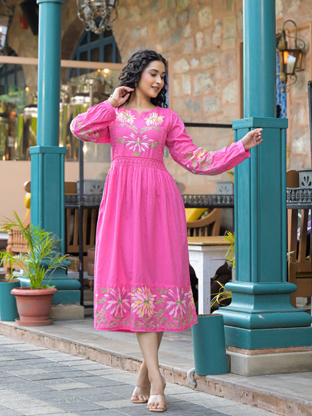Blush Bloom Pink Floral Embroidered Midi Dress
