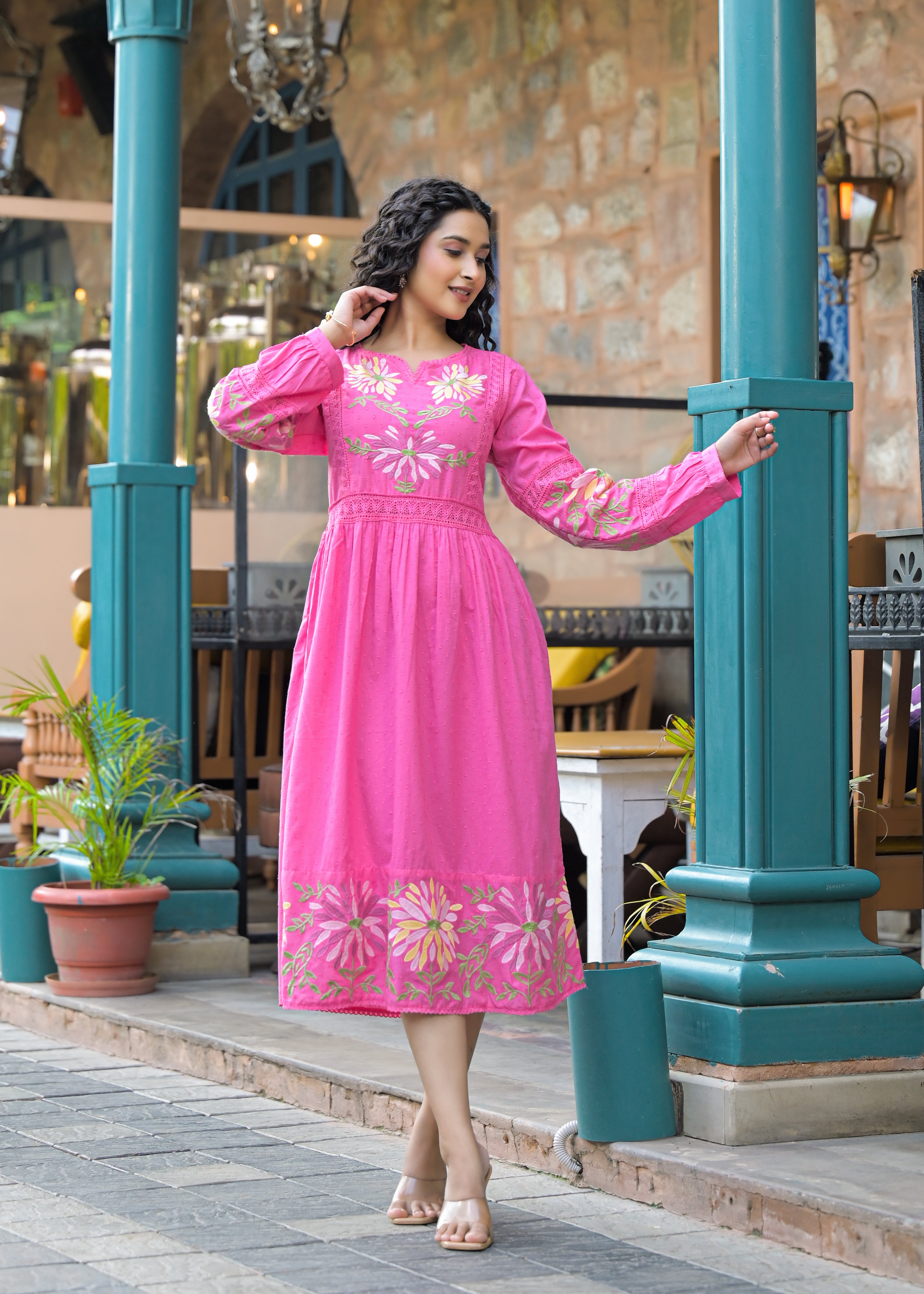 Blush Bloom Pink Floral Embroidered Midi Dress