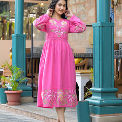 Blush Bloom Pink Floral Embroidered Midi Dress