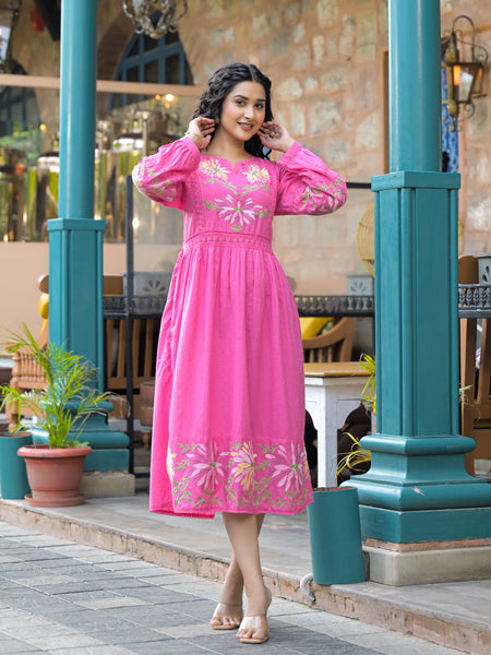 Blush Bloom Pink Floral Embroidered Midi Dress
