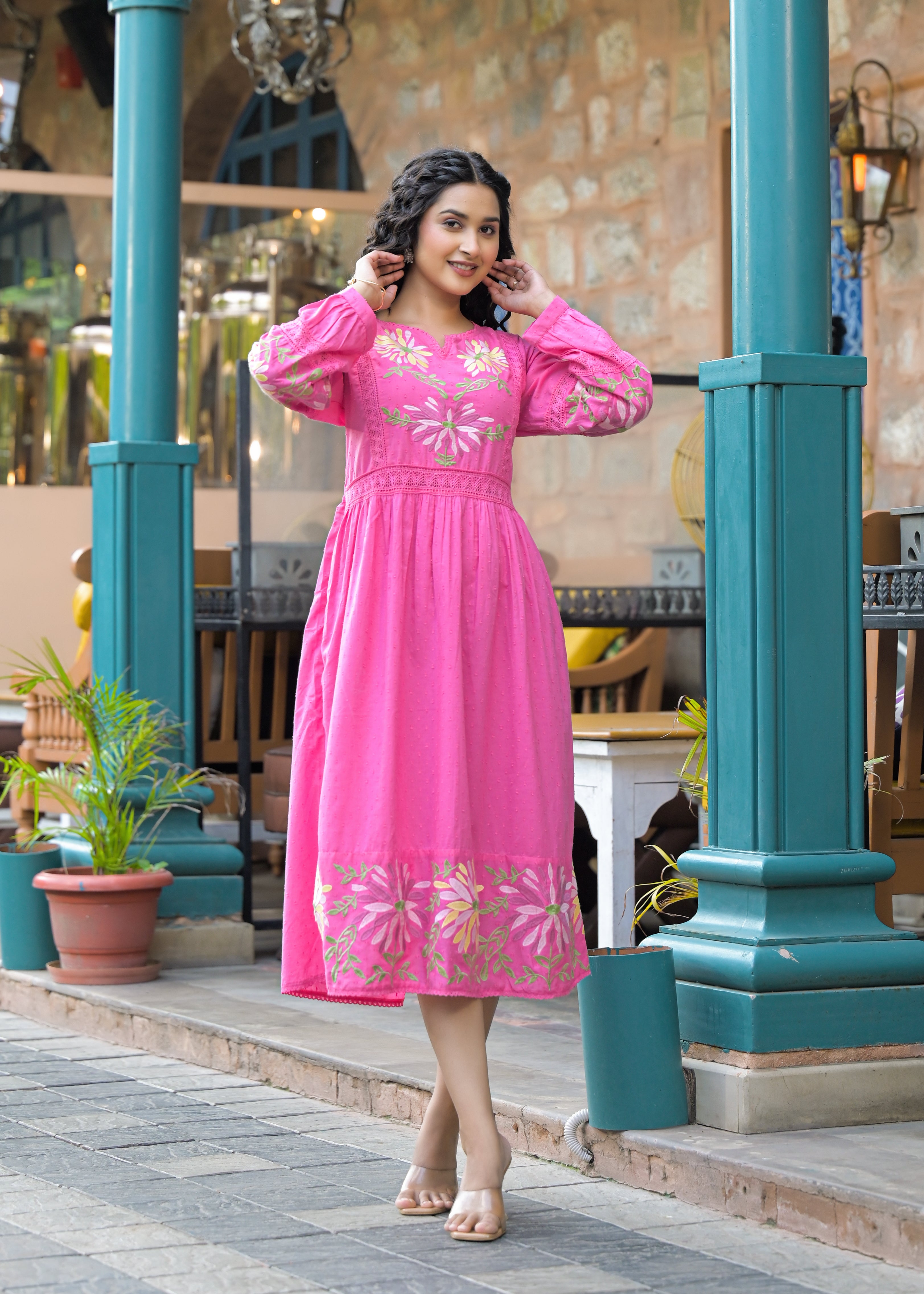 Blush Bloom Pink Floral Embroidered Midi Dress
