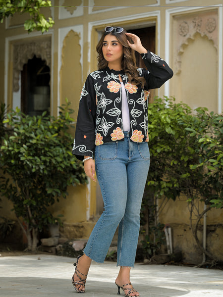 Elegant Floral Thread Embroidered Jacket for Women
