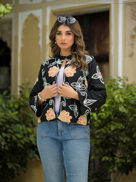 Elegant Floral Thread Embroidered Jacket for Women
