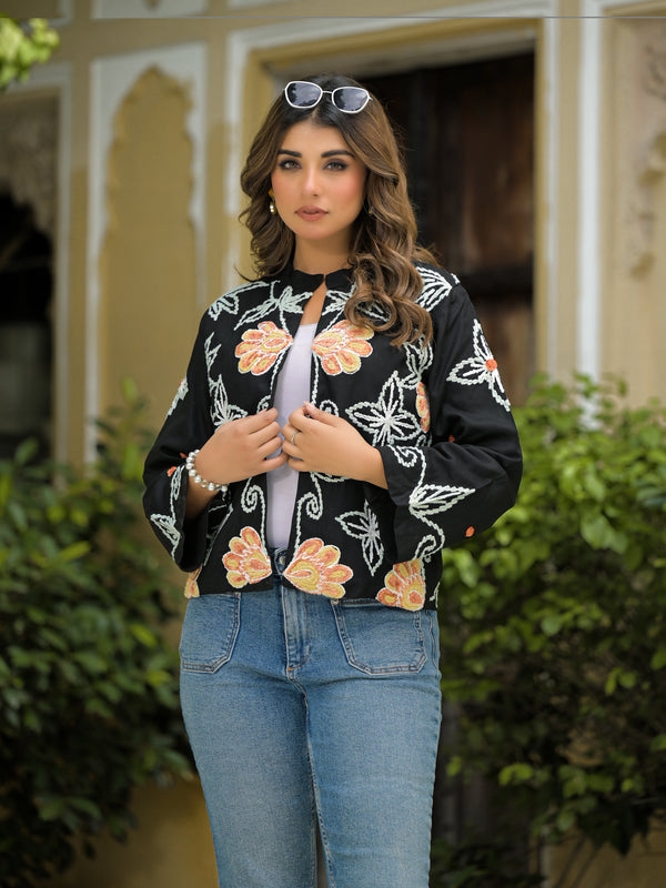Elegant Floral Thread Embroidered Jacket for Women