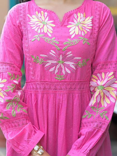 Blush Bloom Pink Floral Embroidered Midi Dress