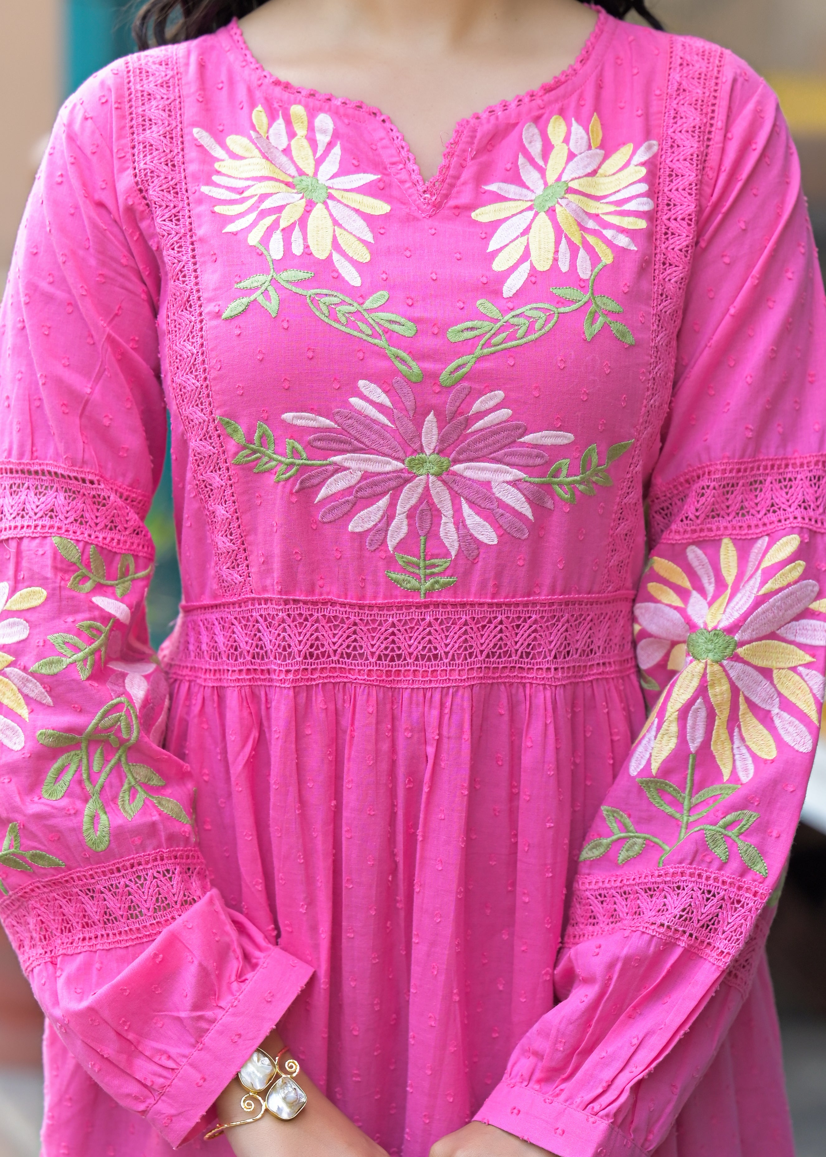 Blush Bloom Pink Floral Embroidered Midi Dress