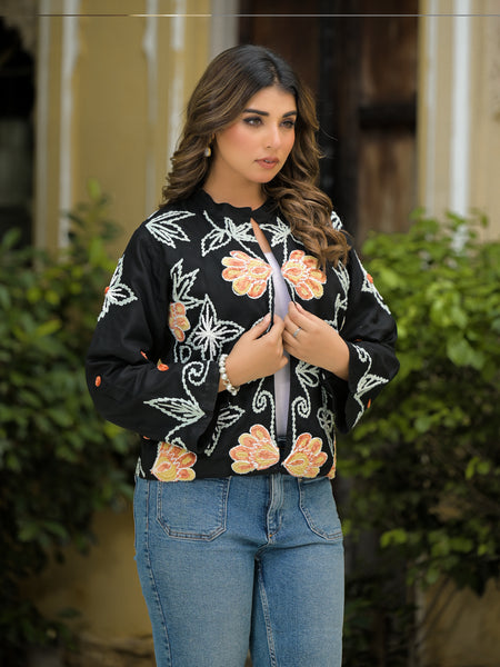 Elegant Floral Thread Embroidered Jacket for Women