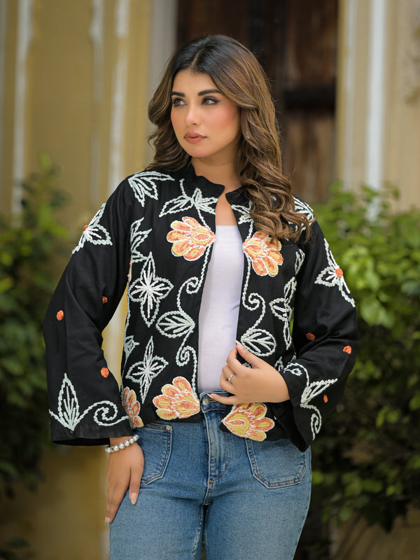 Elegant Floral Thread Embroidered Jacket for Women