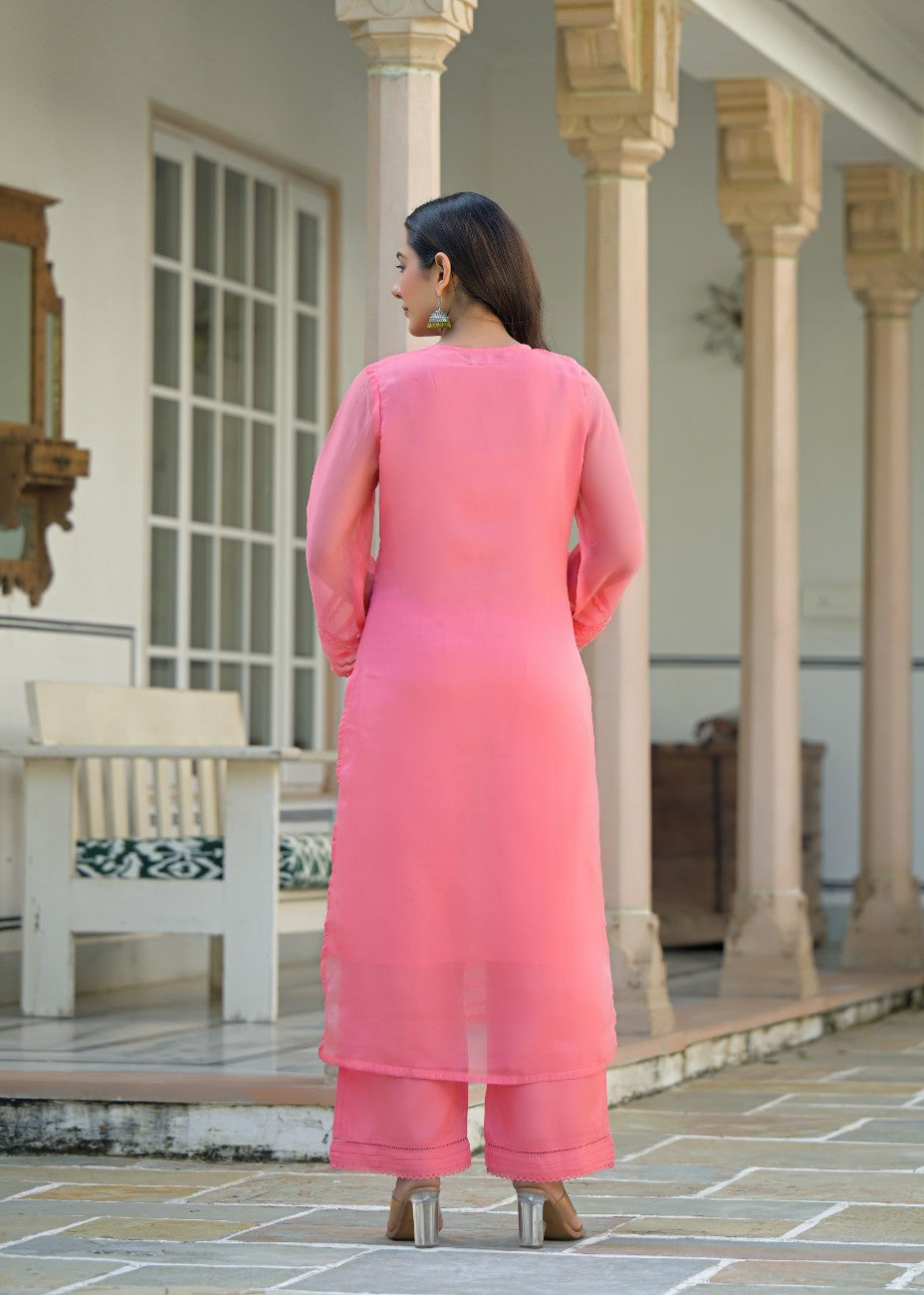 Premium Pink Embroidered Straight Kurta Palazzo Set