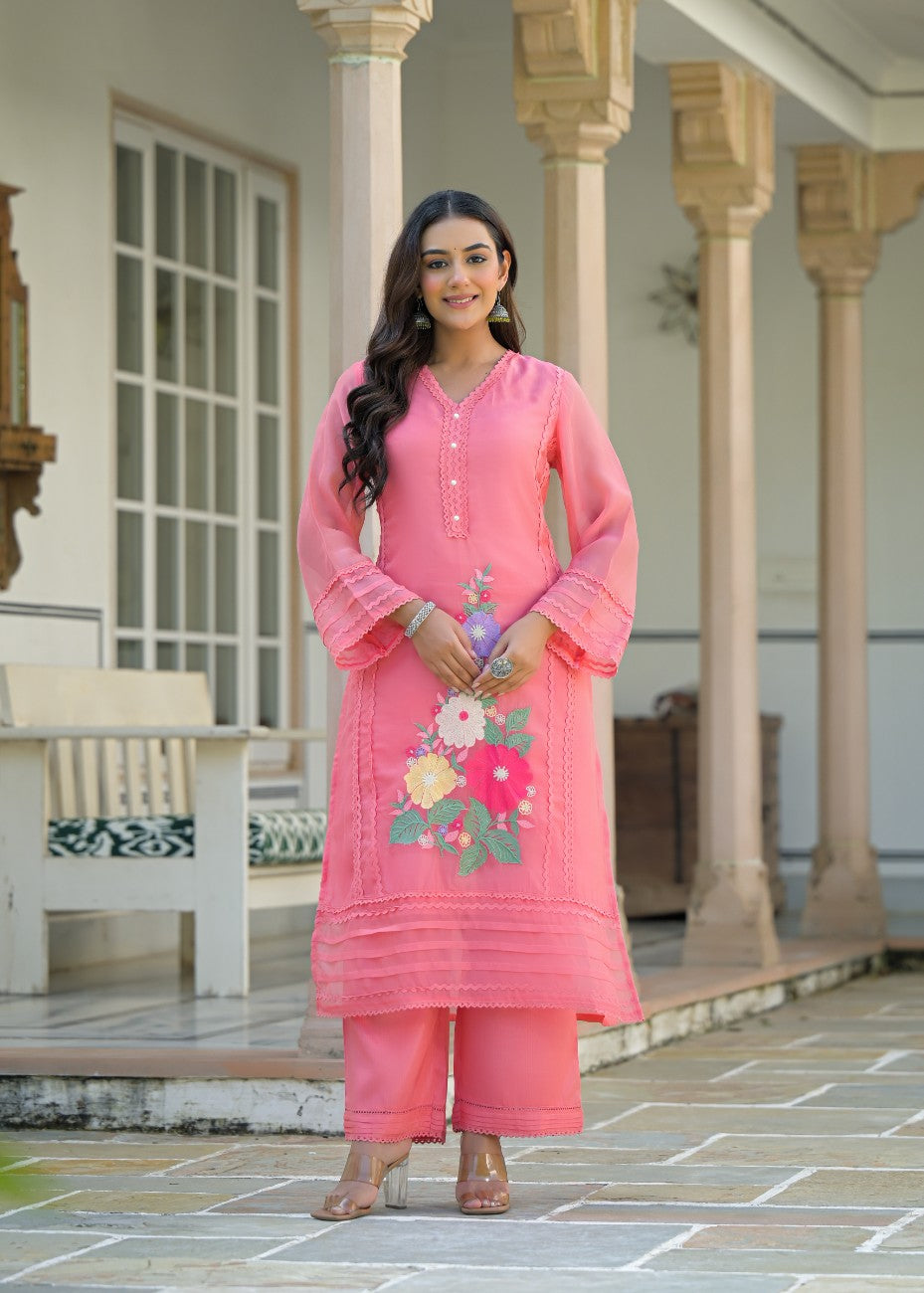 Premium Pink Embroidered Straight Kurta Palazzo Set