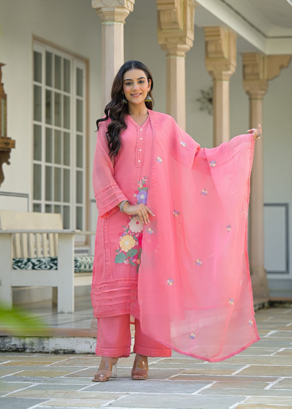 Premium Pink Embroidered Straight Kurta Palazzo Set