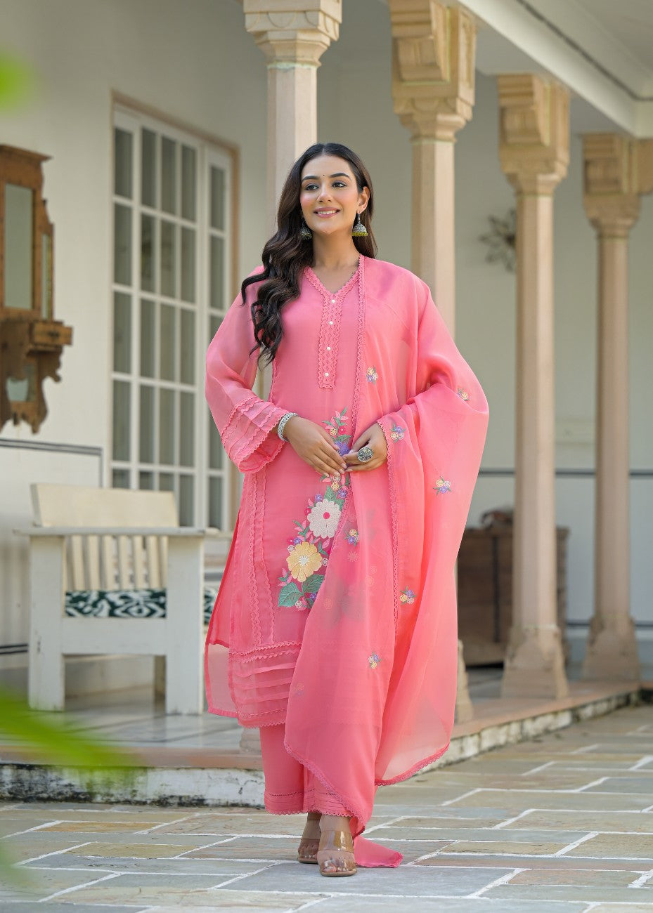 Premium Pink Embroidered Straight Kurta Palazzo Set