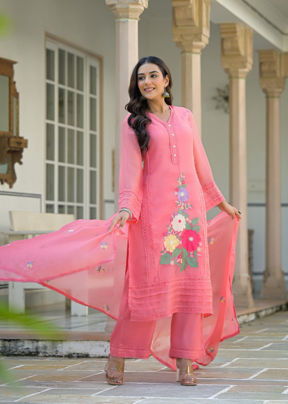 Premium Pink Embroidered Straight Kurta Palazzo Set