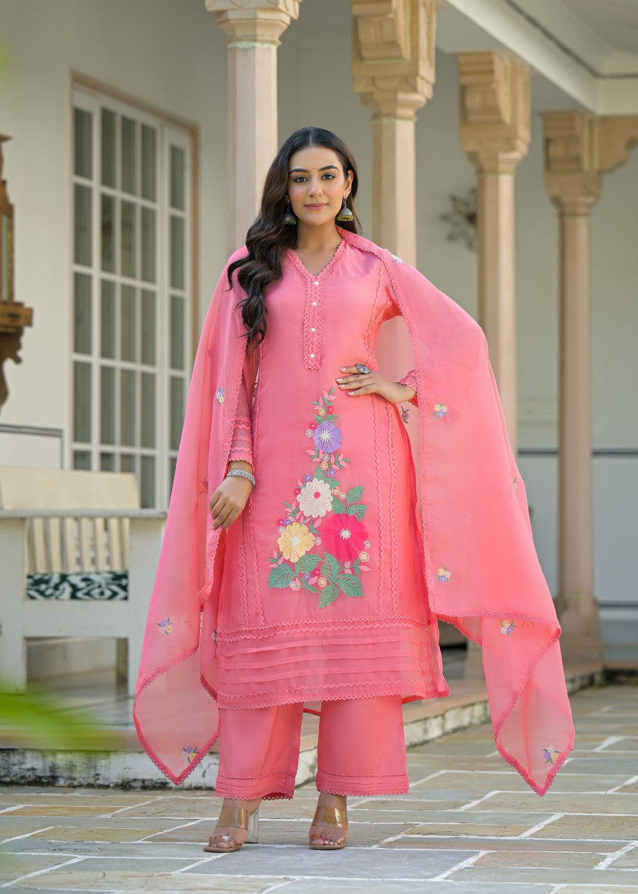 Premium Pink Embroidered Straight Kurta Palazzo Set