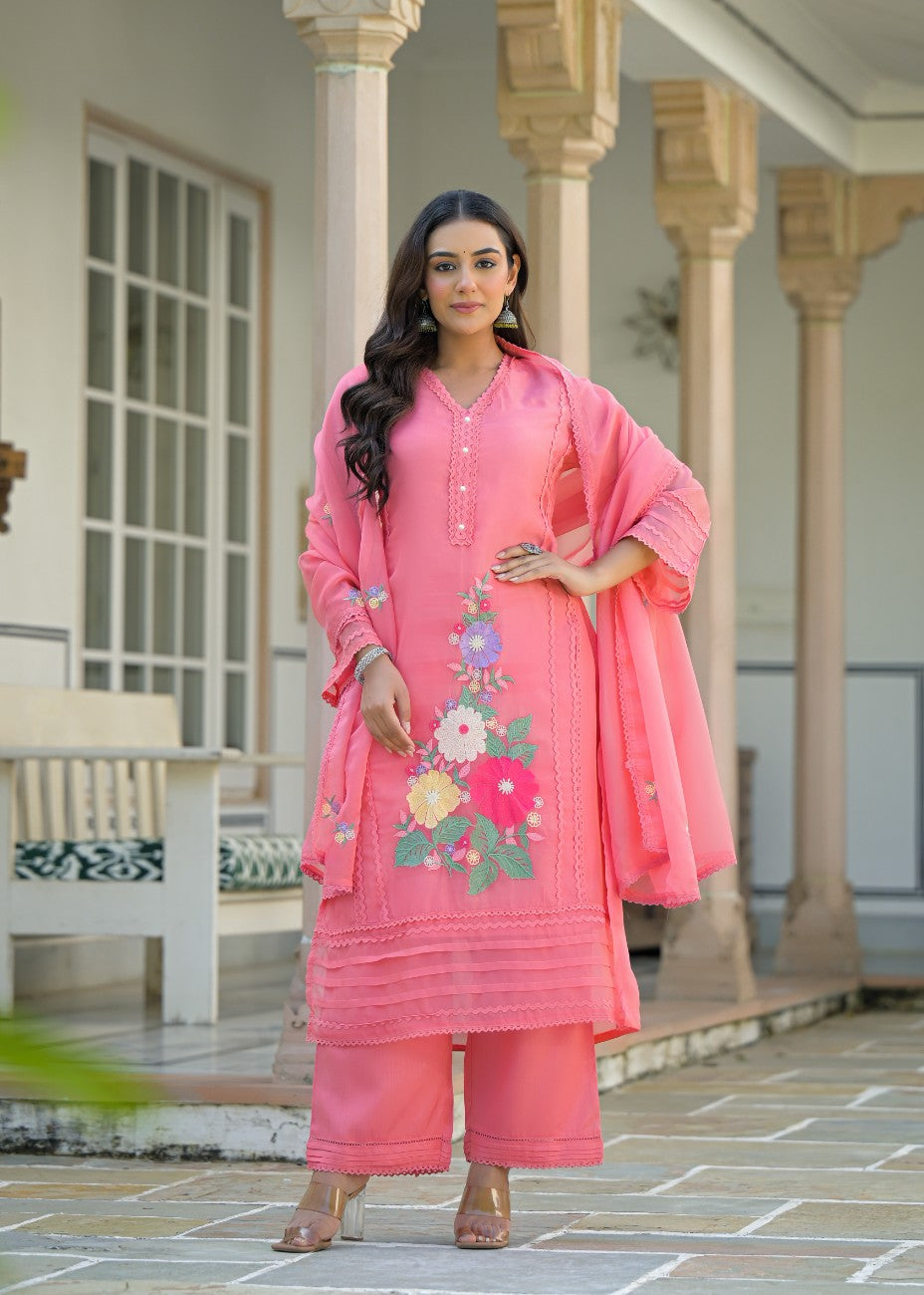 Premium Pink Embroidered Straight Kurta Palazzo Set