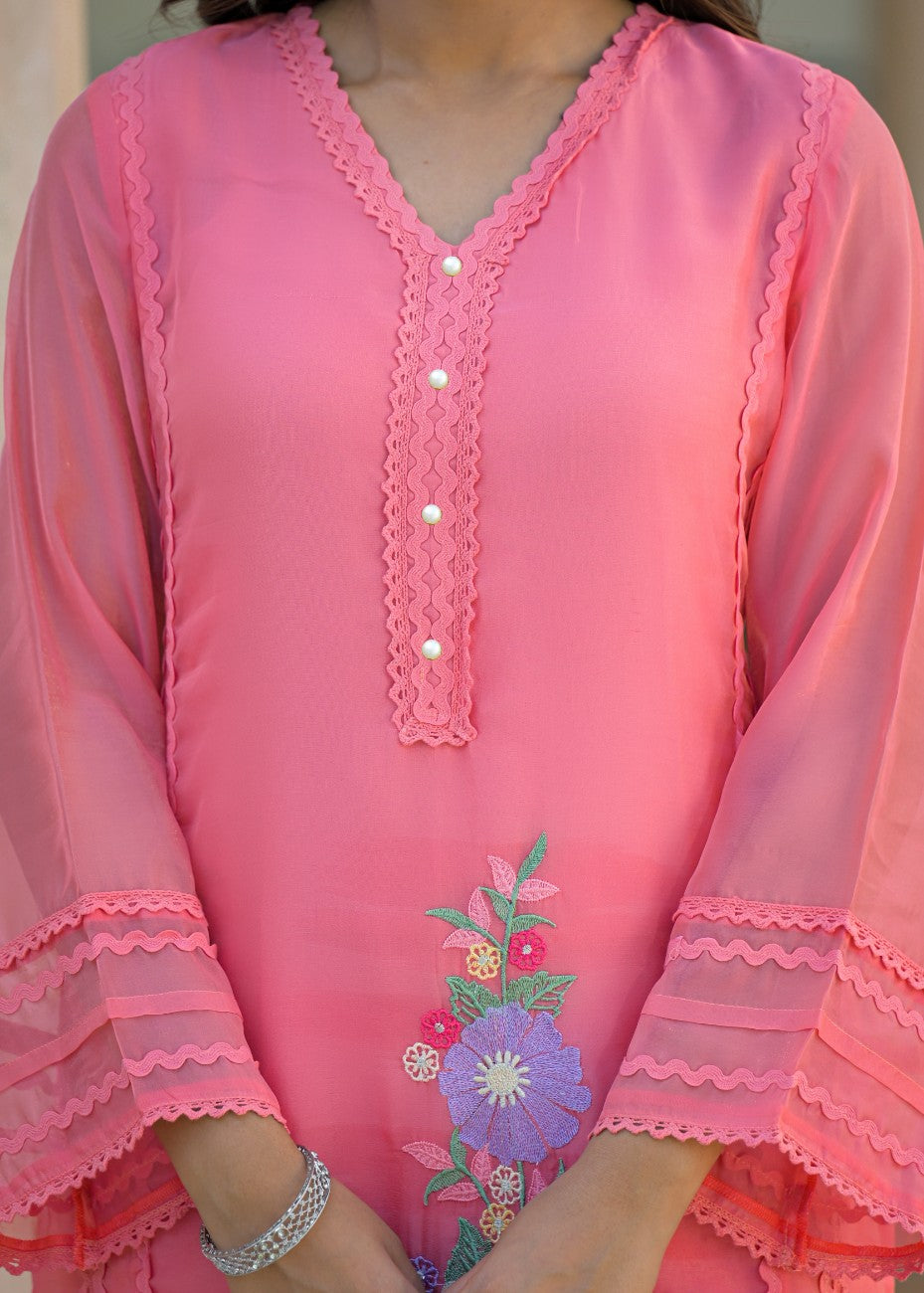 Premium Pink Embroidered Straight Kurta Palazzo Set