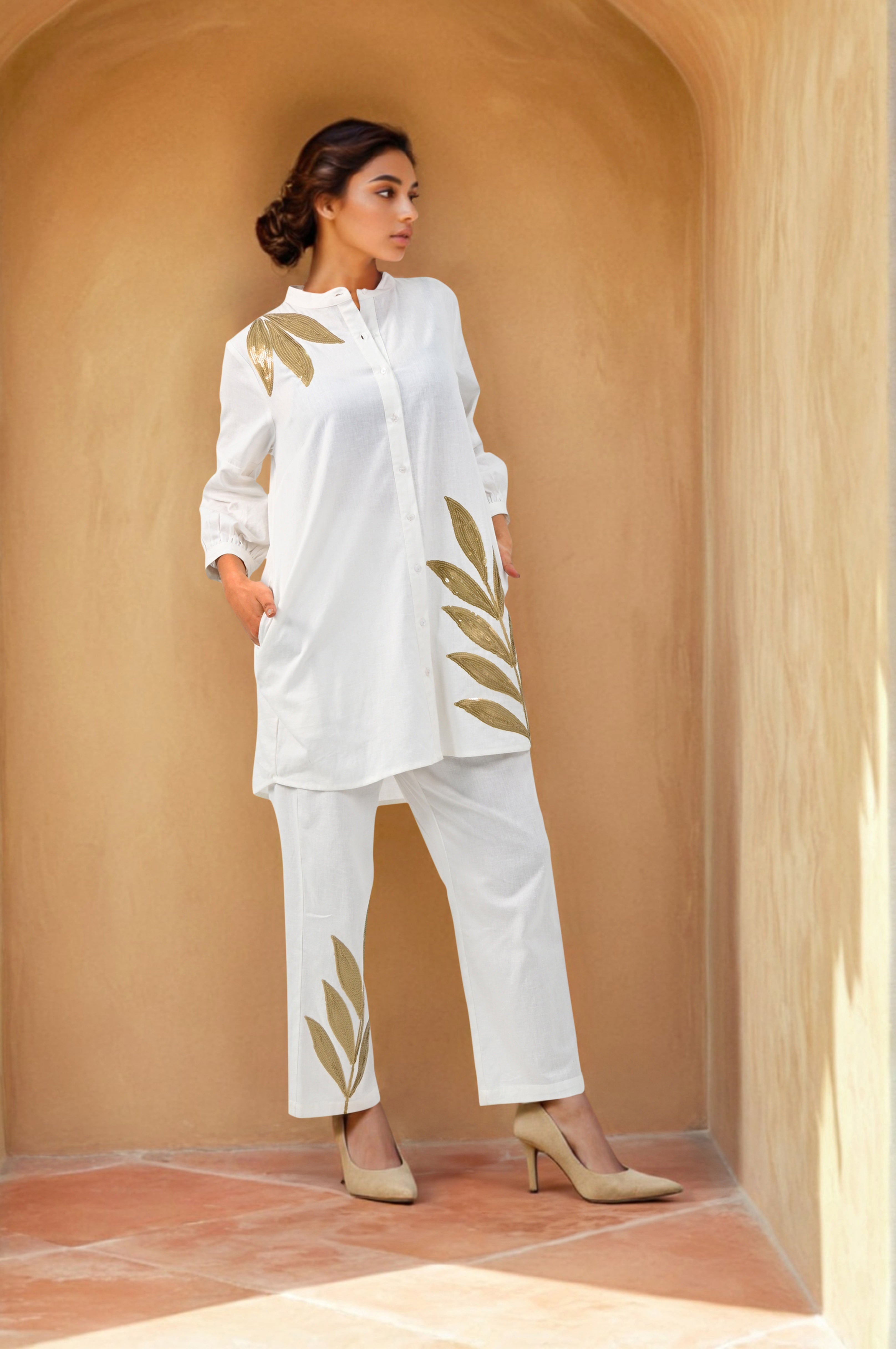 Golden Sequined Work White Co-ord Set Work