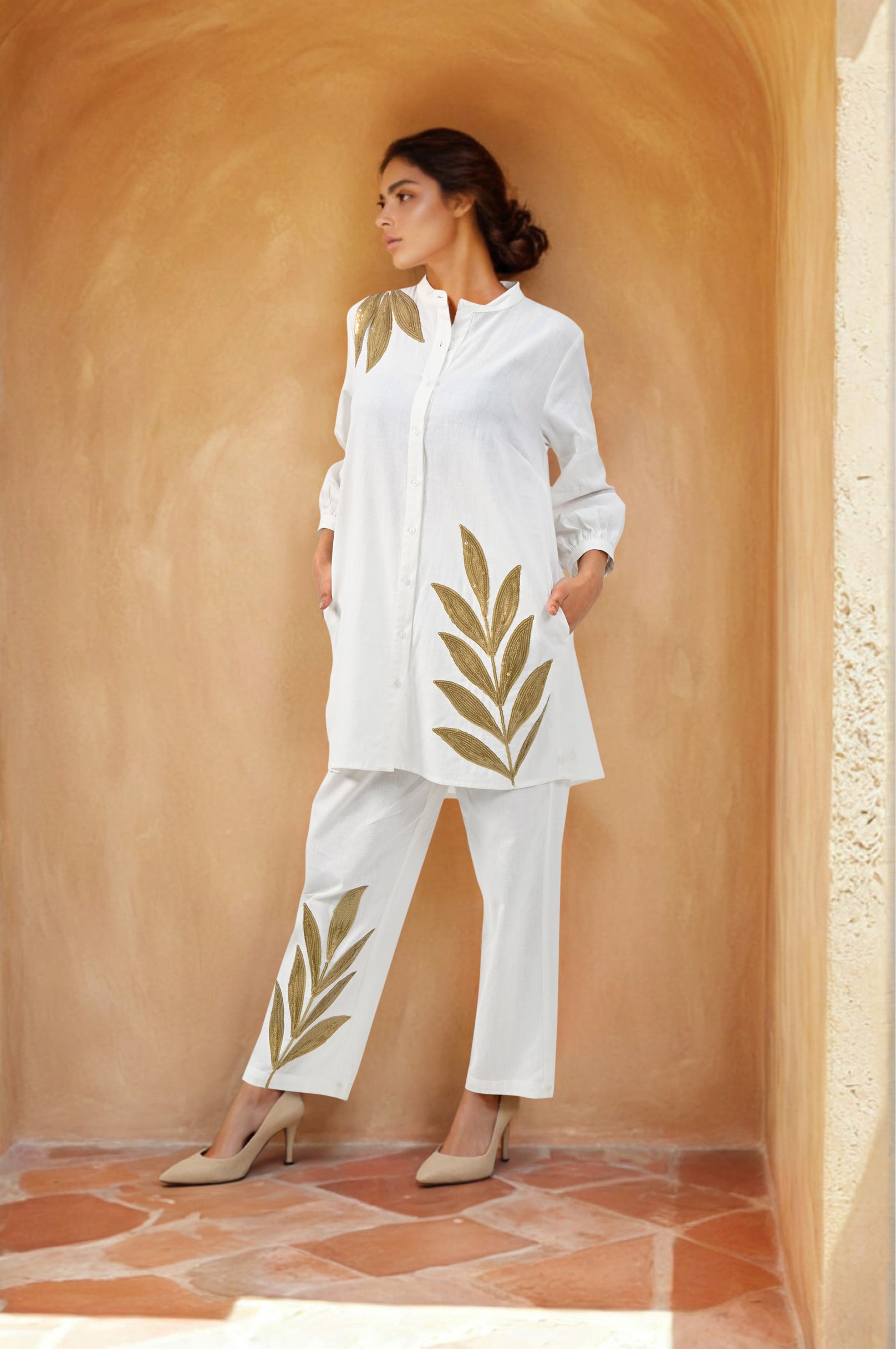 Golden Sequined Work White Co-ord Set Work