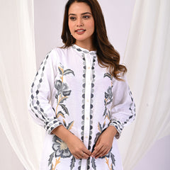 White Cotton Full Sleeves Embroidered Co-ord Set