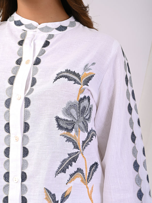 White Cotton Full Sleeves Embroidered Co-ord Set