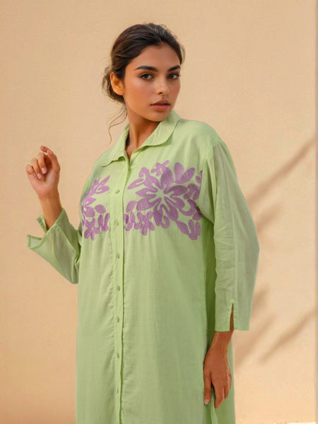 Pista Green Embroidered Shirt Dress