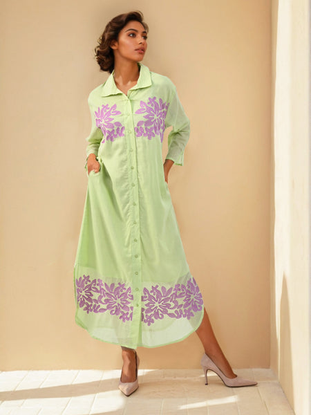 Pista Green Embroidered Shirt Dress
