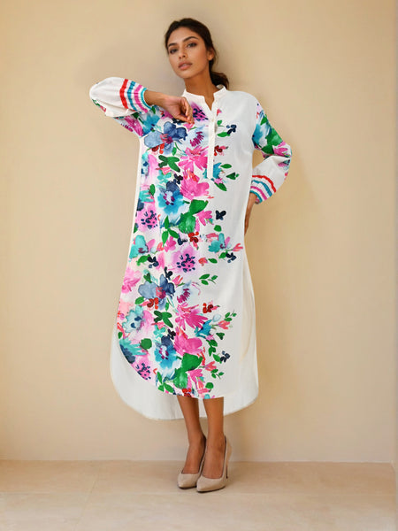 White Colorfull Print Kurta Dress