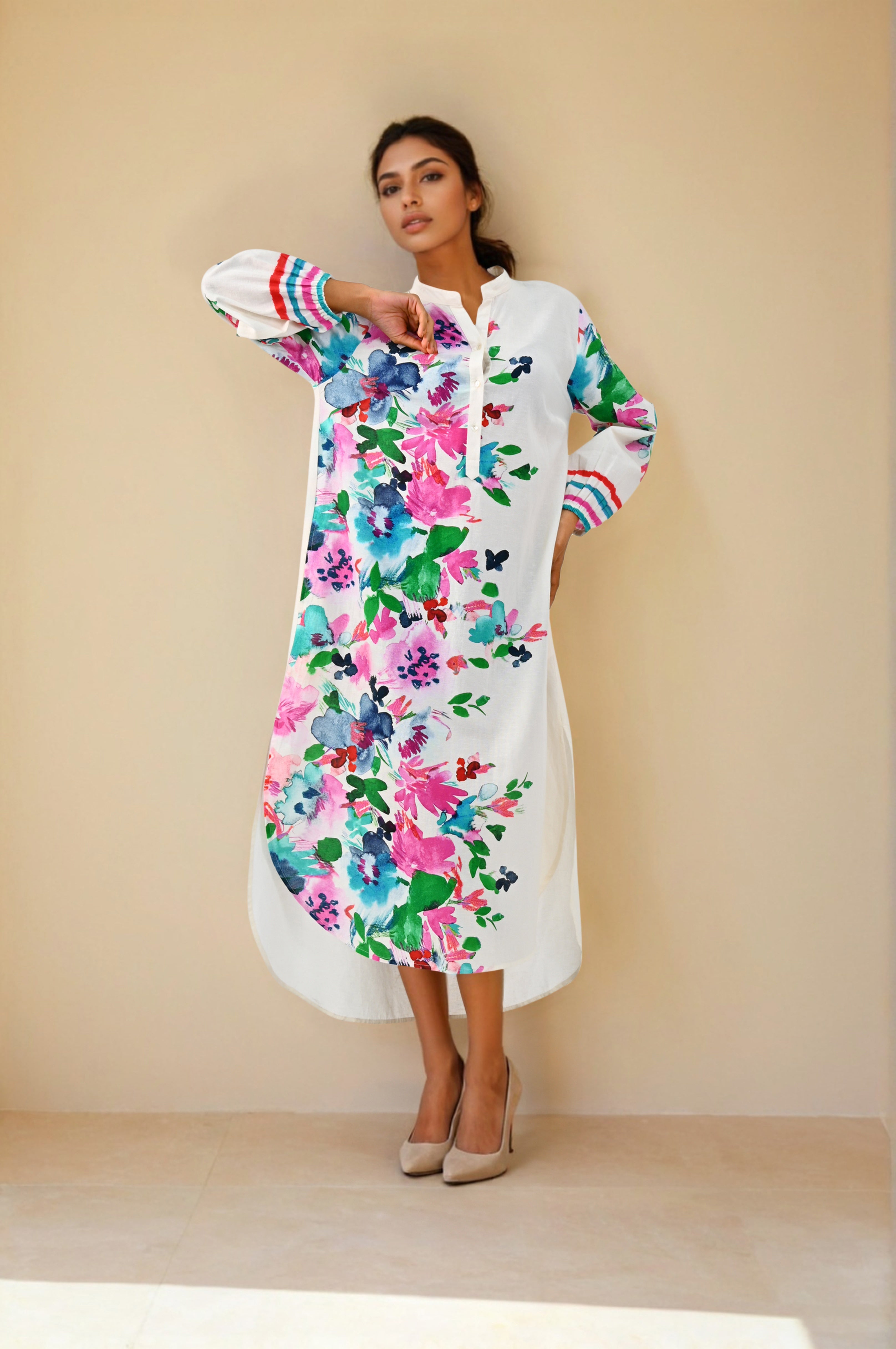 White Colorfull Print Kurta Dress