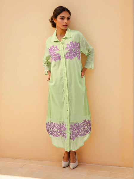 Pista Green Embroidered Shirt Dress