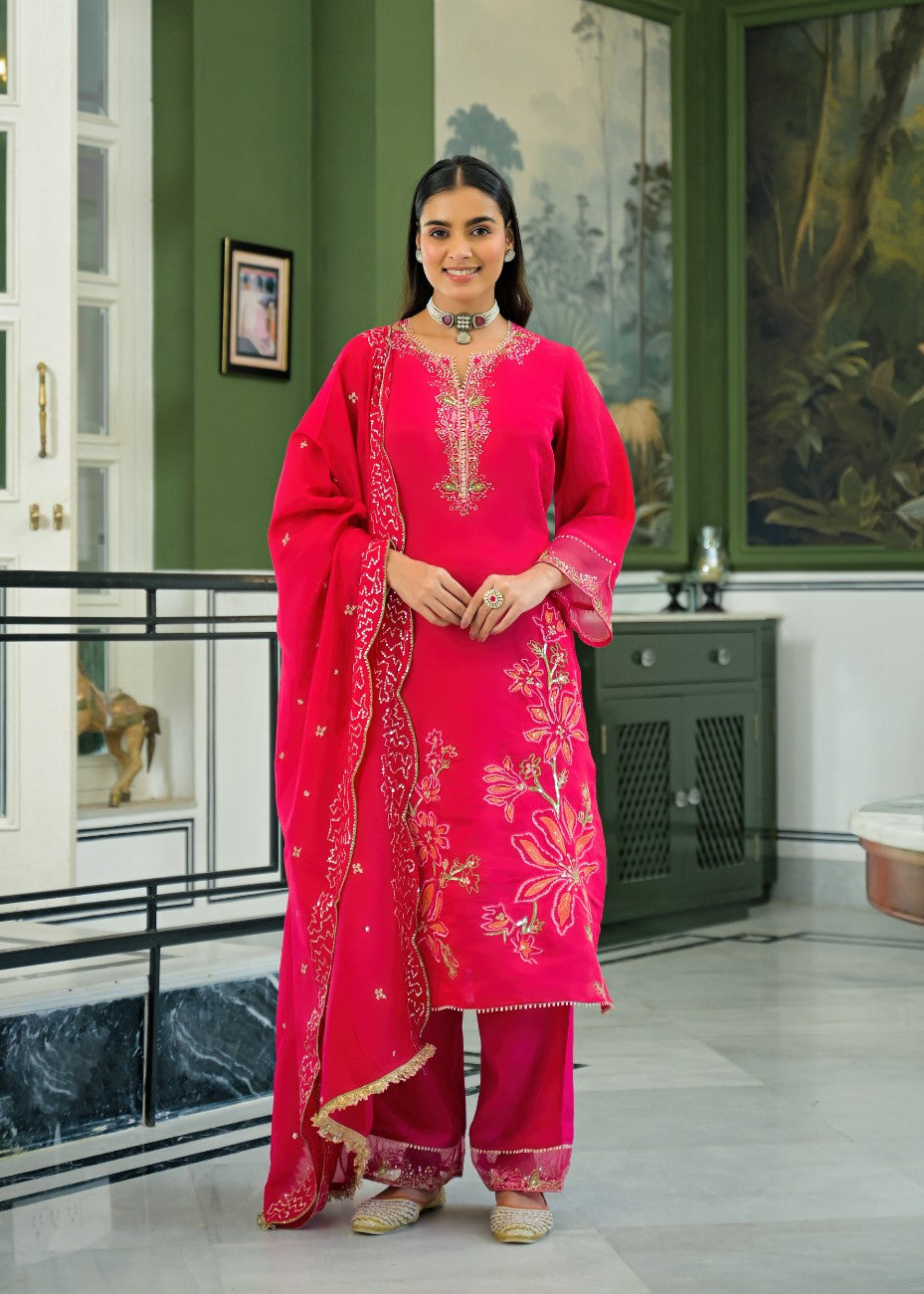 Festive Red Embroidered Straight Kurta Pant Set