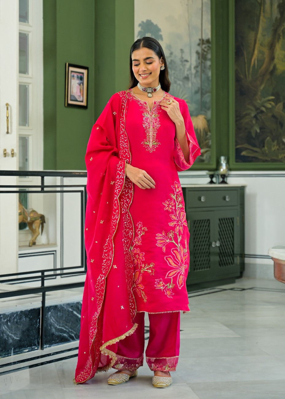 Festive Red Embroidered Straight Kurta Pant Set