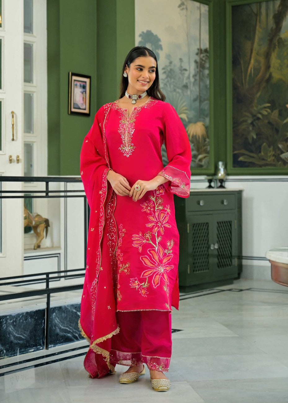 Festive Red Embroidered Straight Kurta Pant Set